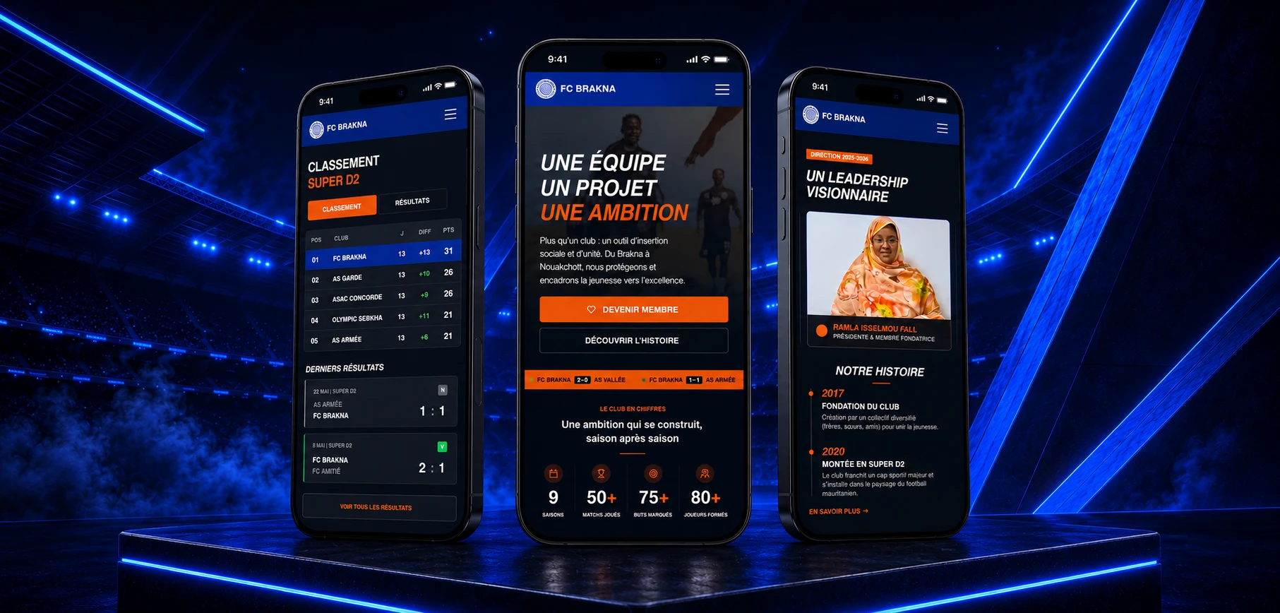 Site FC Brakna par Webrim : classement Super D2, accueil et le bureau sur trois écrans mobiles