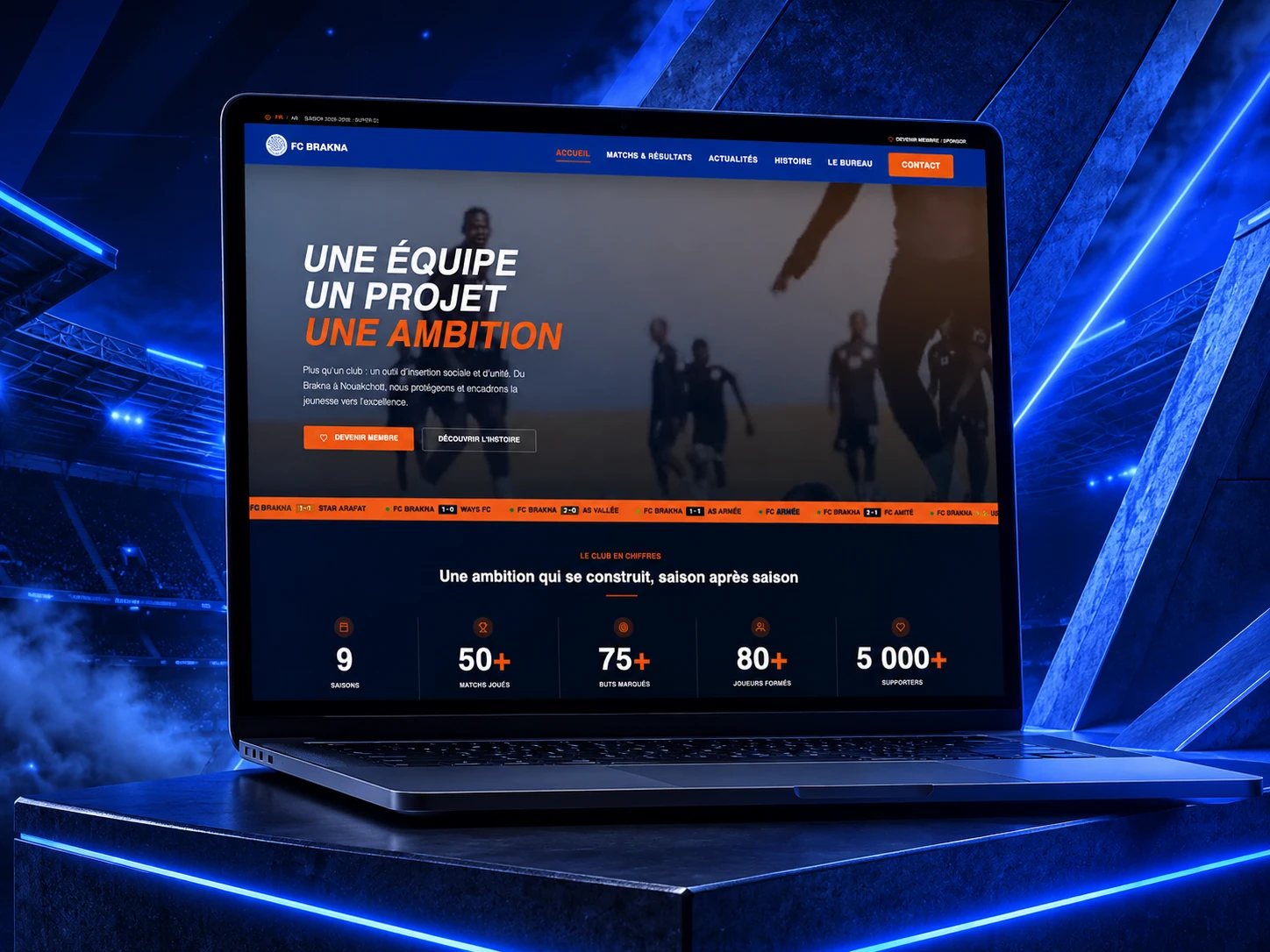 Site internet du FC Brakna conçu par Webrim, affiché sur ordinateur portable