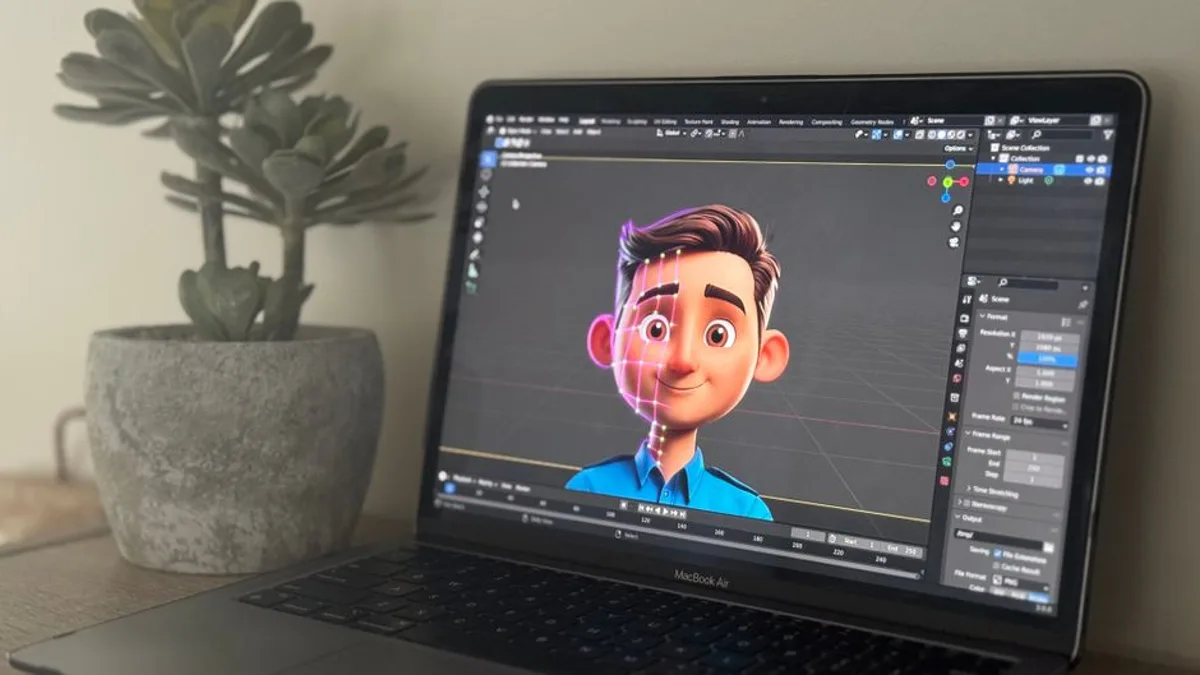 Personnage 3D en cours d'animation dans un logiciel de motion design, sur un ordinateur portable en studio créatif