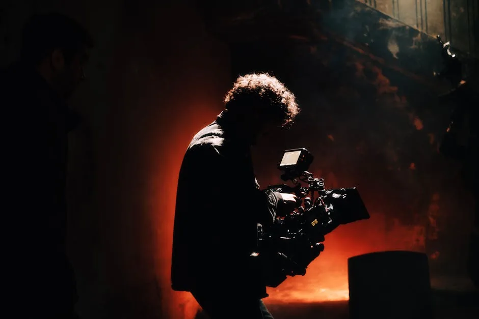 Opérateur caméra en silhouette sur un tournage, lumière cinématographique