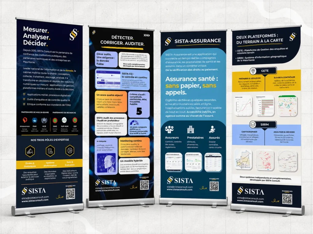 Les quatre roll-ups SISTA Consult conçus par WEBRIM pour le Datathon HACKADATA
